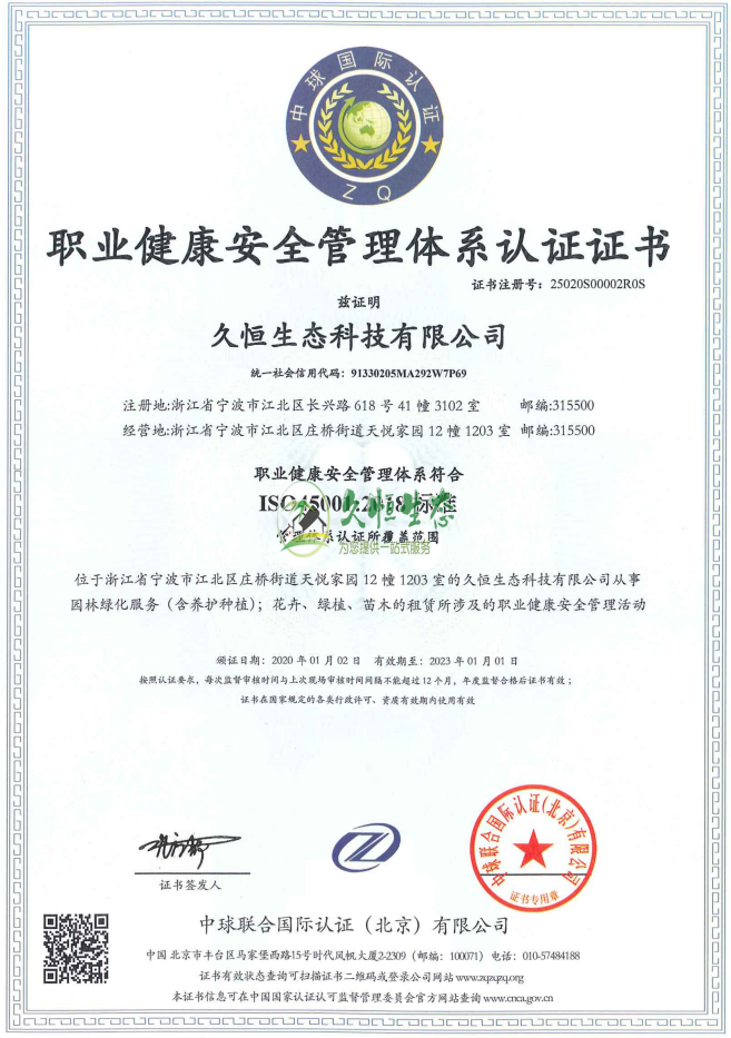 江干职业健康安全管理体系ISO45001证书